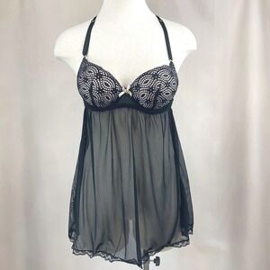 DAISY FUENTES Black (M) Push Up Babydoll Racerback Crochet Y2K Festival Lingerie